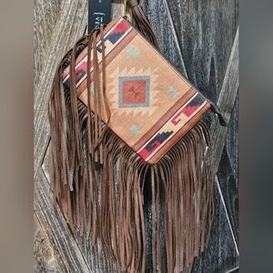 NWT TAN Bohemian Aztec Fringe Wristlet Bag